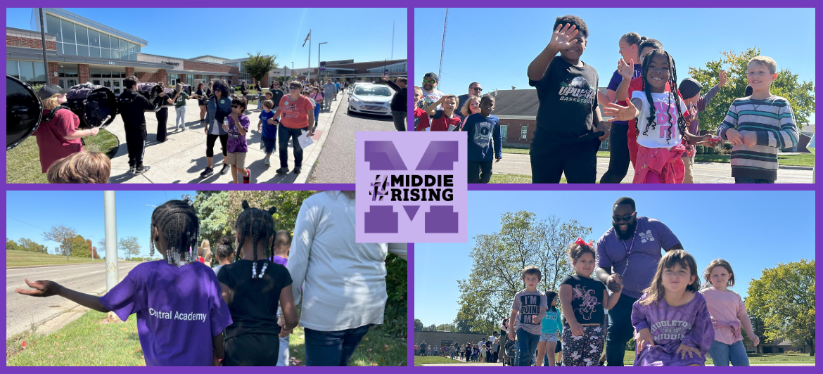 4 photos showing students and staff taking part in a walk-a-thon fundraiser.